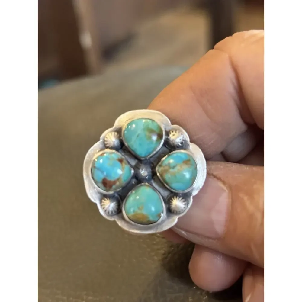 Stunning Turquoise Cluster Ring In Sterling Silver Ring w Accent Beads
